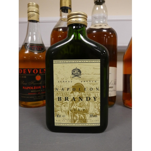 73 - Five bottles of Brandy, To include three assorted bottles of Napoleon brandy, The Devolney bottled c... 