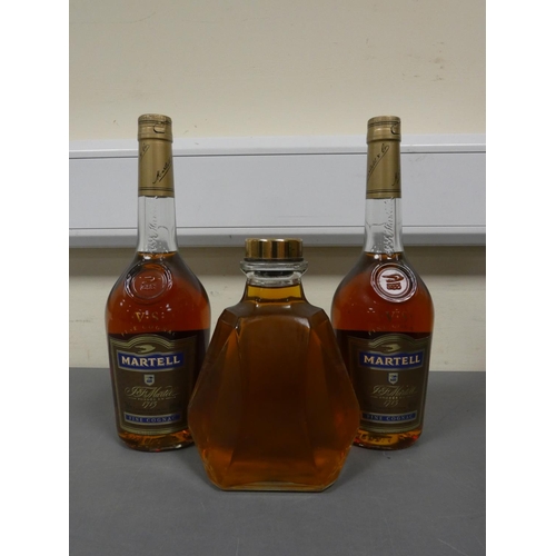 82 - Two bottles of Martell V.S fine cognac, 70cl, 40% vol, with a glass decanter containing amber colour... 