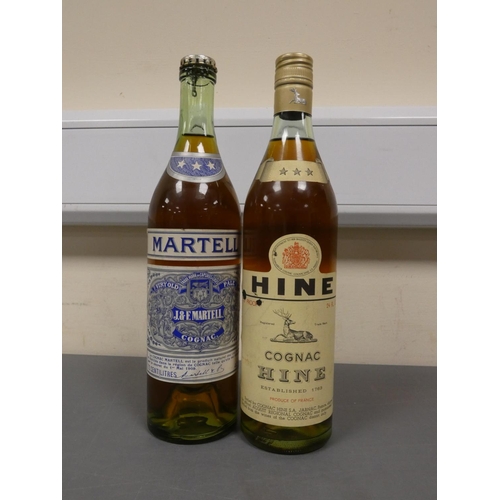 83 - Hine three star cognac, Bottled circa 1970s, 70 proof, 24 fl ozs, with Martell very old pale cognac,... 