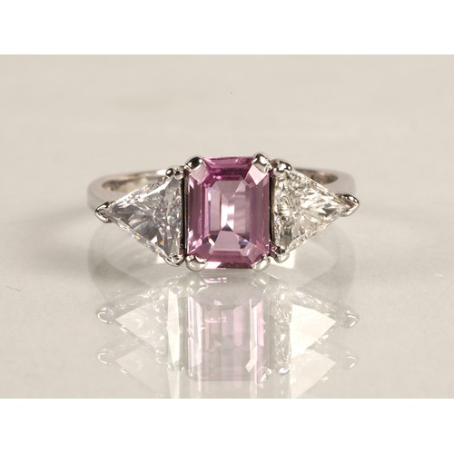 94A - Ladies 18ct white gold pink sapphire and diamond ring, central cushion cut pink sapphire 1 carat, fl... 