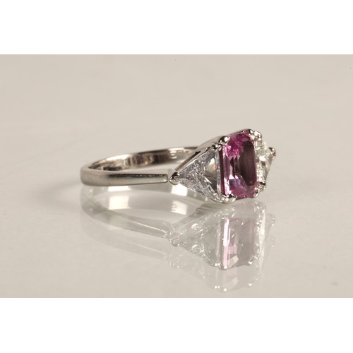 94A - Ladies 18ct white gold pink sapphire and diamond ring, central cushion cut pink sapphire 1 carat, fl... 