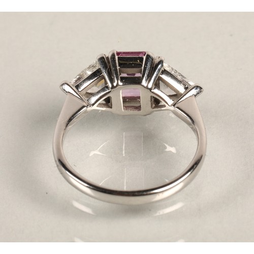 94A - Ladies 18ct white gold pink sapphire and diamond ring, central cushion cut pink sapphire 1 carat, fl... 