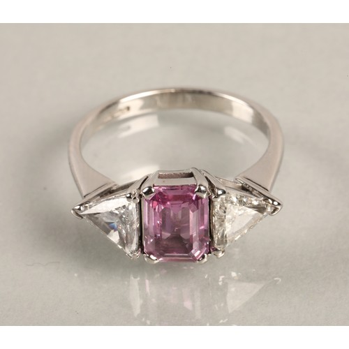 94A - Ladies 18ct white gold pink sapphire and diamond ring, central cushion cut pink sapphire 1 carat, fl... 