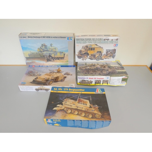 113 - Five 1:35 scale boxed model construction kits to include a Trumpeter British Challenger 2 MBT 00345,... 