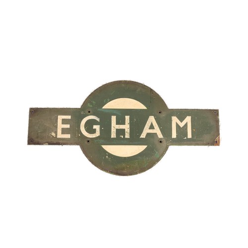 425 - South Western Railway green and white enamel station sign 'Egham' (lettering re-painted) 33cm x 66cm... 