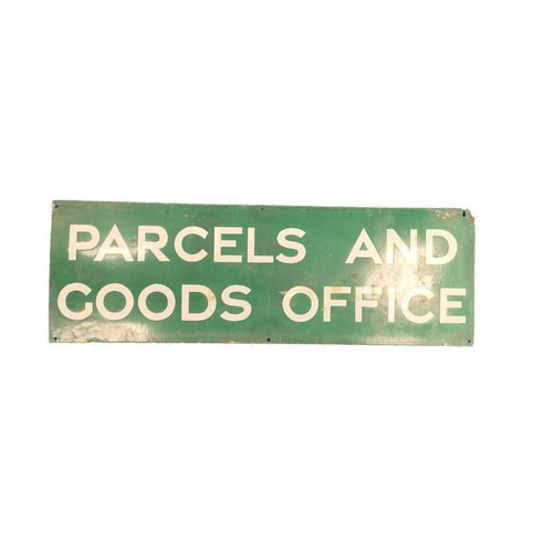 428 - Parcels & Goods Office green and white enamel station sign 30cm x 92cm.