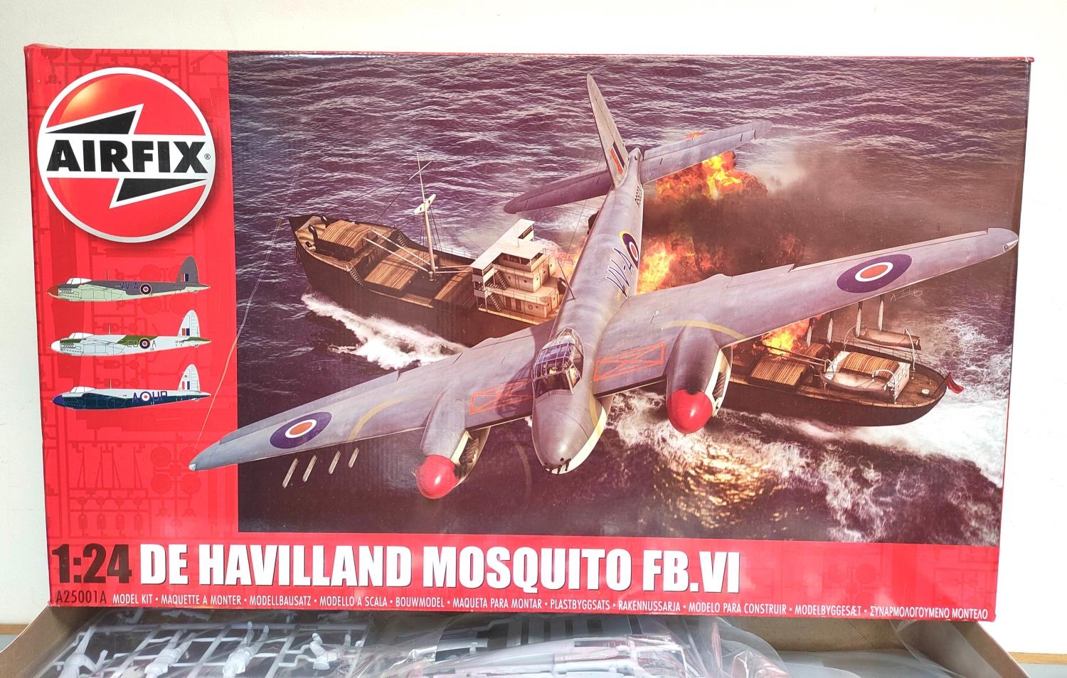 Airfix. Boxed 1:24 scale De Havilland Mosquito FB.VI model. Kit no. A25001A.  Complete and components