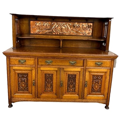 535 - Oak Arts Crafts sideboard, the top galleried top with embossed stylized flowers, 183cm,61cm depth,15... 