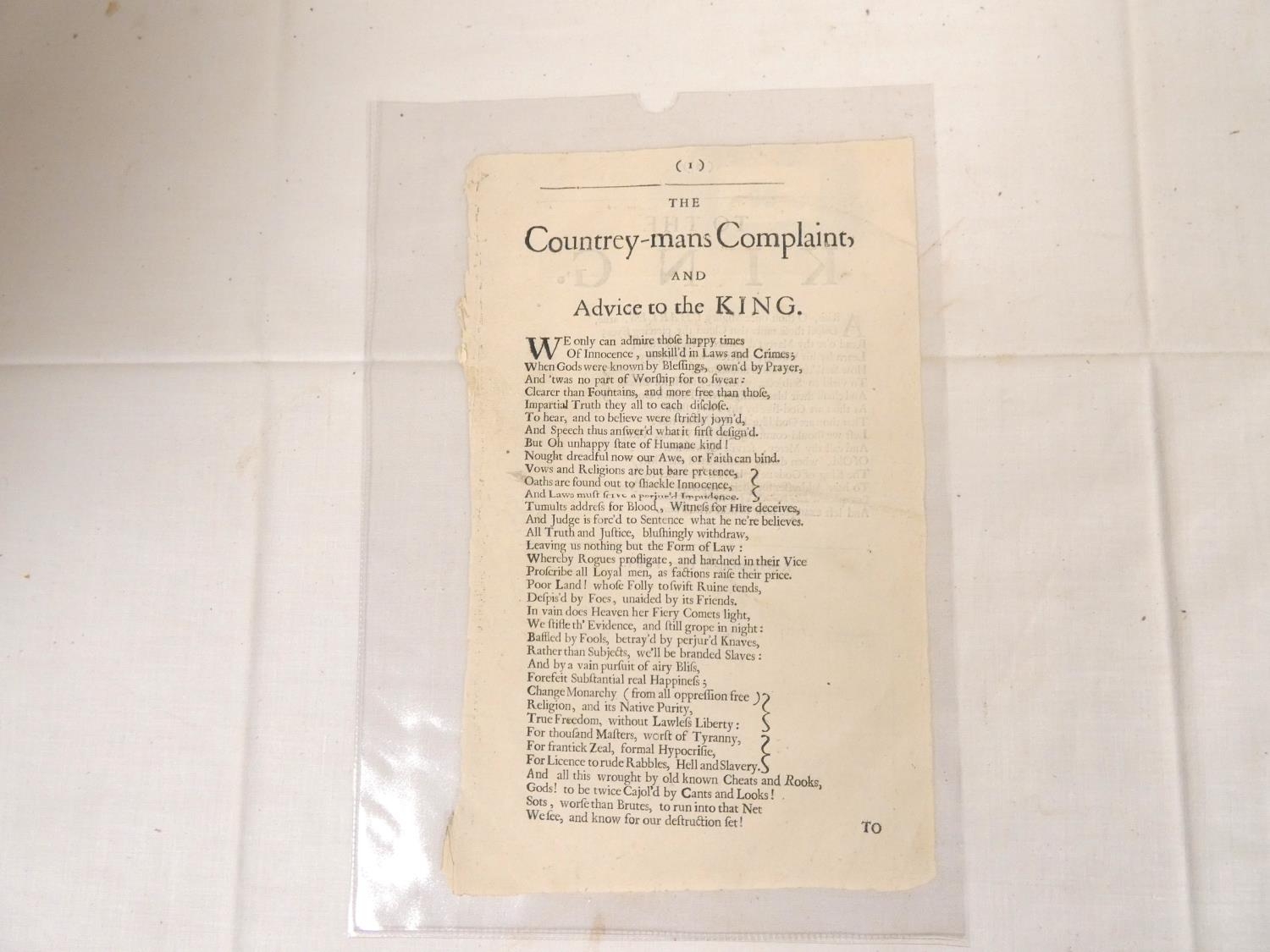 17th Century Verse Broadside. The Countrey-Mans Complaint, & Advice to ...