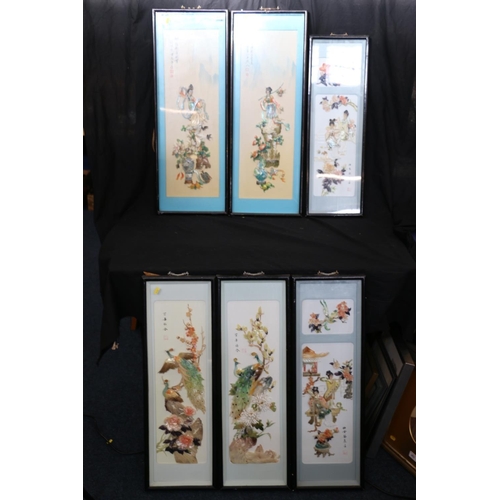 315 - Set of six Chinese Swatow Shell Cutting pictures, held in box frames, the largest 85cm x 31cm. (6)