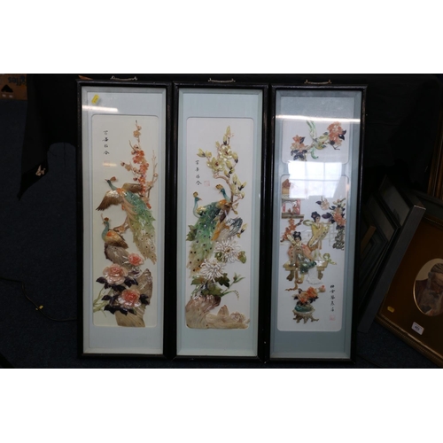 315 - Set of six Chinese Swatow Shell Cutting pictures, held in box frames, the largest 85cm x 31cm. (6)