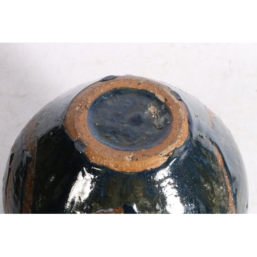 14 - 20th century Studio Pottery blue swirl glaze on brown matt ground vase.