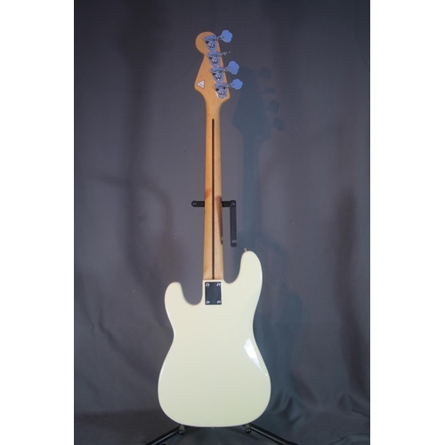 326 - Artisan four string bass guitar with cream and white body in soft case.