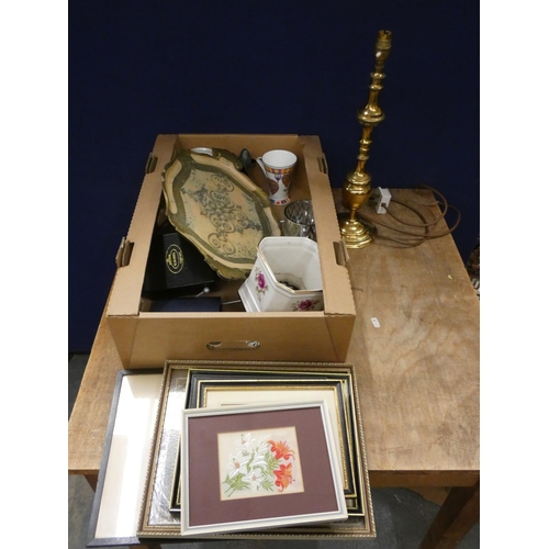 64 - Box of mixed household to include brass table lamp, collection of prints and laquered tray.