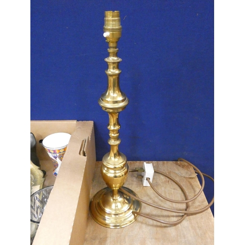 64 - Box of mixed household to include brass table lamp, collection of prints and laquered tray.