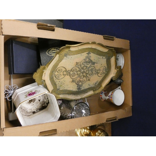 64 - Box of mixed household to include brass table lamp, collection of prints and laquered tray.