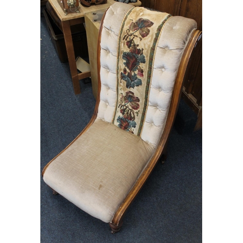 688 - Late Victorian walnut framed nursing chair with beadwork upholstery.