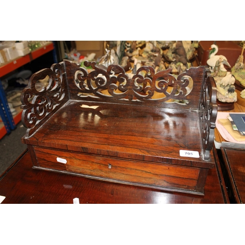 705 - Edwardian rosewood tabletop pen stand with under tier drawer and gallery back.