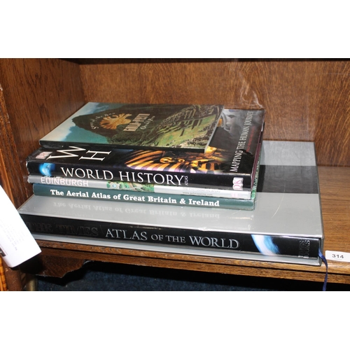 314 - Shelf containing World Atlas books.