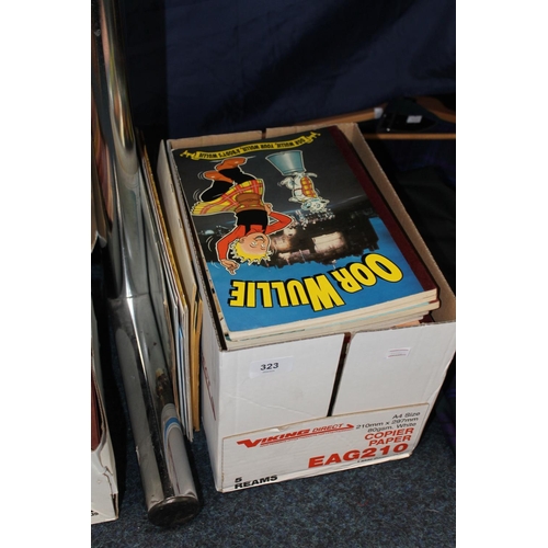 323 - Box containing Oor Wullie annuals and The Corries programmes.