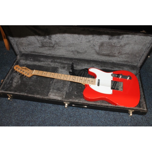 325 - Artisan six string electric guitar with red and white body, guitar strap in hardcase, serial number ... 