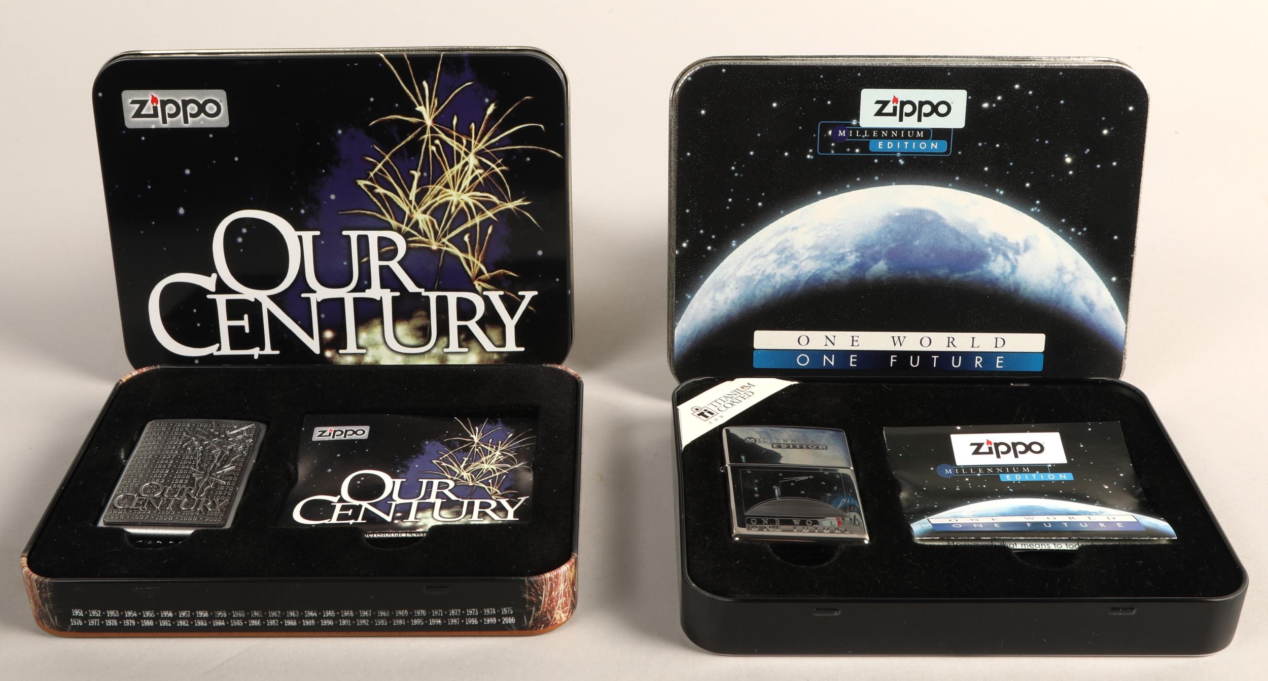 Zippo One World One Future Millennium Edition lighter in tin, and