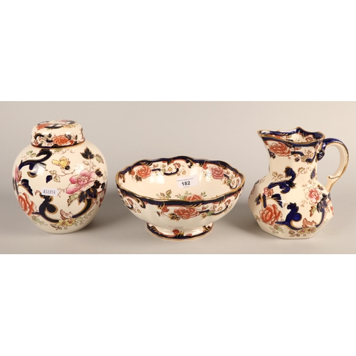 182 - Three pieces of Mason's in Mandalay pattern, including ginger jar, bowl, and jug