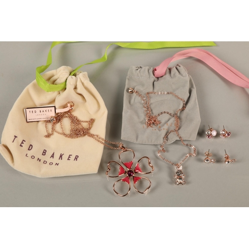 69 - Rose gold colour Ted Baker costume jewellery, including flower necklace, gem set rabbit necklace and... 