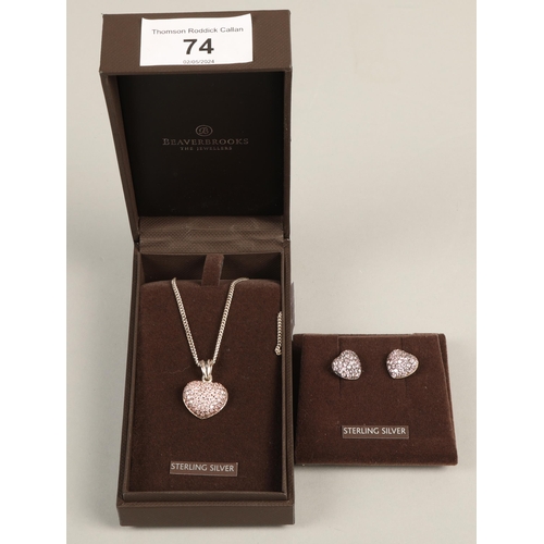 74 - Beaverbrooks silver and pink CZ necklace and earrings set