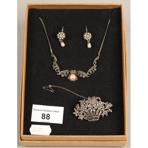 88 - Silver marcasite and pearl set jewellery including necklace, brooch (London 1963), and earrings ... 