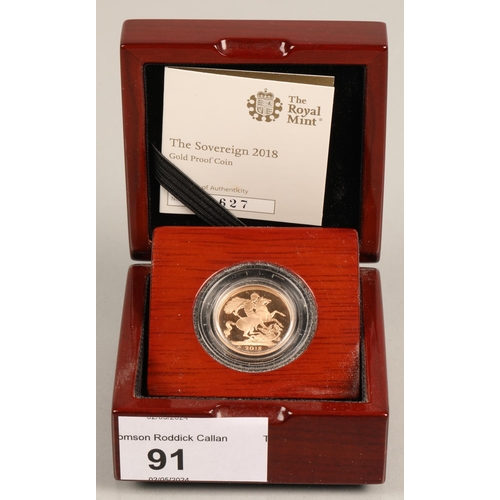 91 - 2018 gold sovereign in fitted case with certificate of authenticity