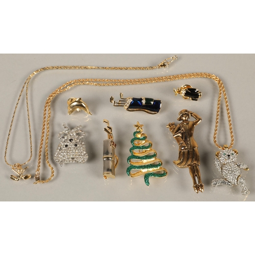 114 - Assorted costume jewellery including golf designs, some enamelled, bejewelled bear necklace and pin,... 