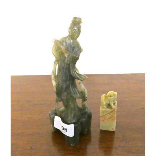 108 - Spinach Jade figure and soapstone seal. H.20cm