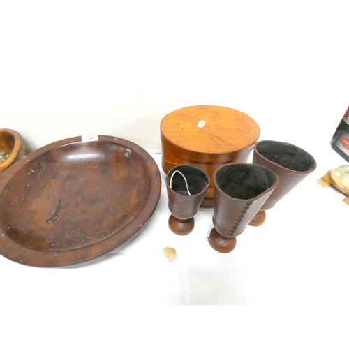 124 - Large hand carved treen bowl and other treen including box, coasters and goblets.