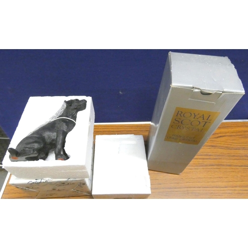 129 - Border Fine Arts model of a black Labrador, and a boxed set of decanter and glasses.