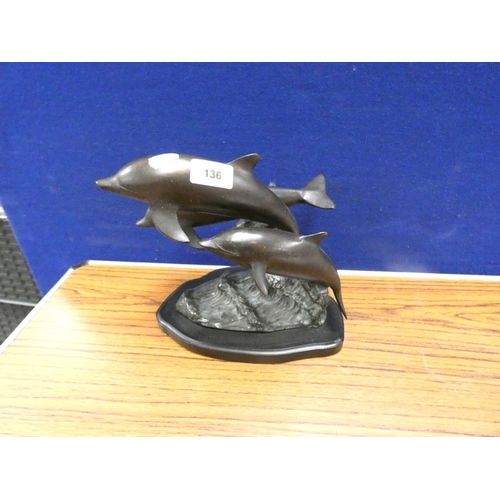 136 - Large bronze leaping dolphin figure group.