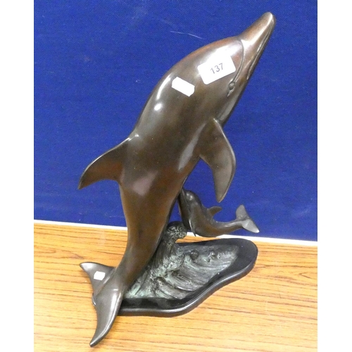 137 - Large bronze leaping dolphin figure group.