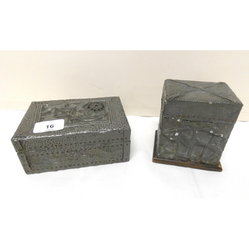 16 - Two Art Deco style pewter trinket boxes, one with foliage to lid and the other monogrammed to front.