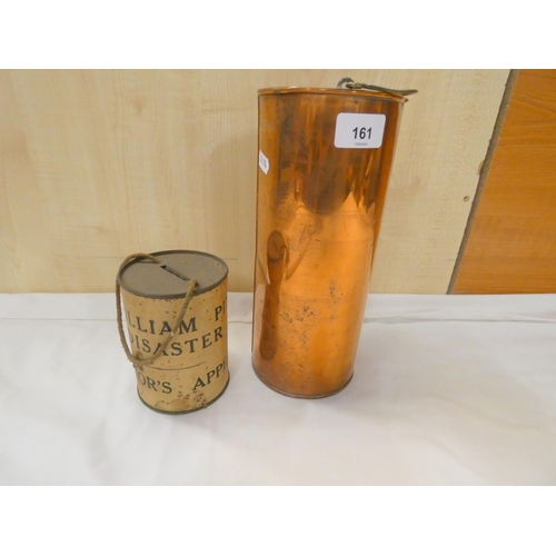 161 - Copper measure and antique William Pit Disaster Collection tin