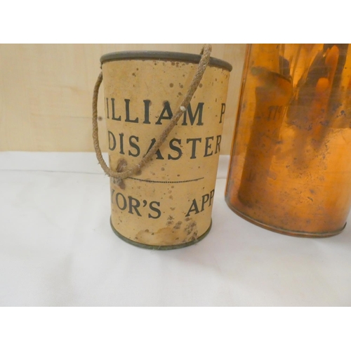 161 - Copper measure and antique William Pit Disaster Collection tin