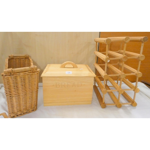 174 - Wine rack, bread bin and whicker basket.