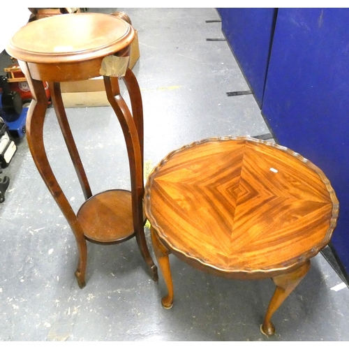 584 - Small coffee table with pie crust edge and a two tier mahogany jardinière stand.