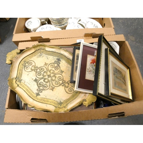 64 - Box of mixed household to include brass table lamp, collection of prints and laquered tray.