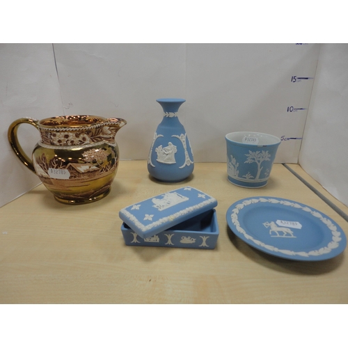 100 - Wedgwood Jasper ware jardinière, similar jug, spill vase, trinket box etc., and a Wedgwood 'Etruria ... 