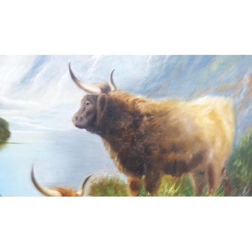 11 - Alexander ReynoldsHighland cattle and lochscapeSigned, oil on canvas, 74.5cm x 49cm.... 