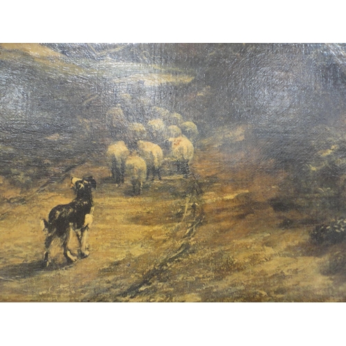 120 - Alpine oil painting and an overpainted print of a collie with sheep.  (2)