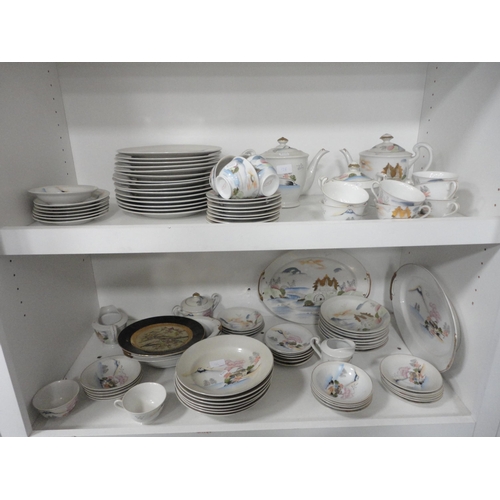 136 - Assorted teawares, part Japanese dinner set, posy ornaments etc (four shelves).