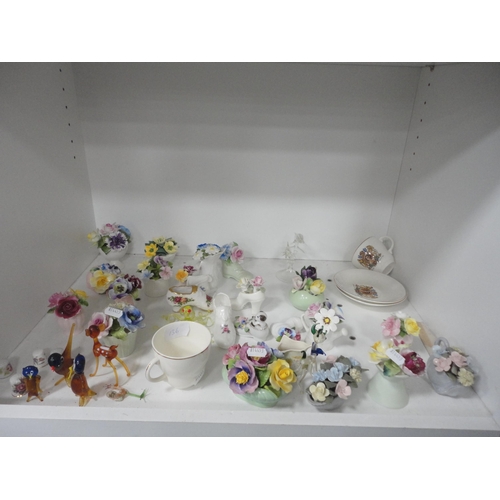 136 - Assorted teawares, part Japanese dinner set, posy ornaments etc (four shelves).