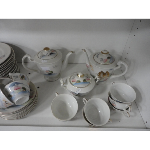 136 - Assorted teawares, part Japanese dinner set, posy ornaments etc (four shelves).