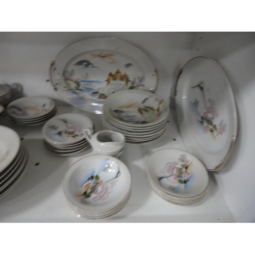 136 - Assorted teawares, part Japanese dinner set, posy ornaments etc (four shelves).